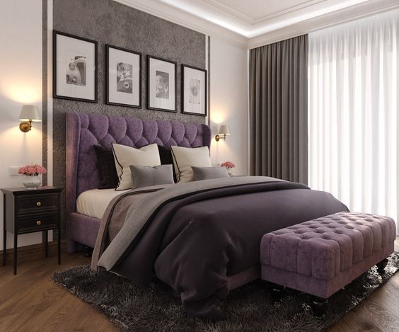 habitación con decoración romántica en tonos morados